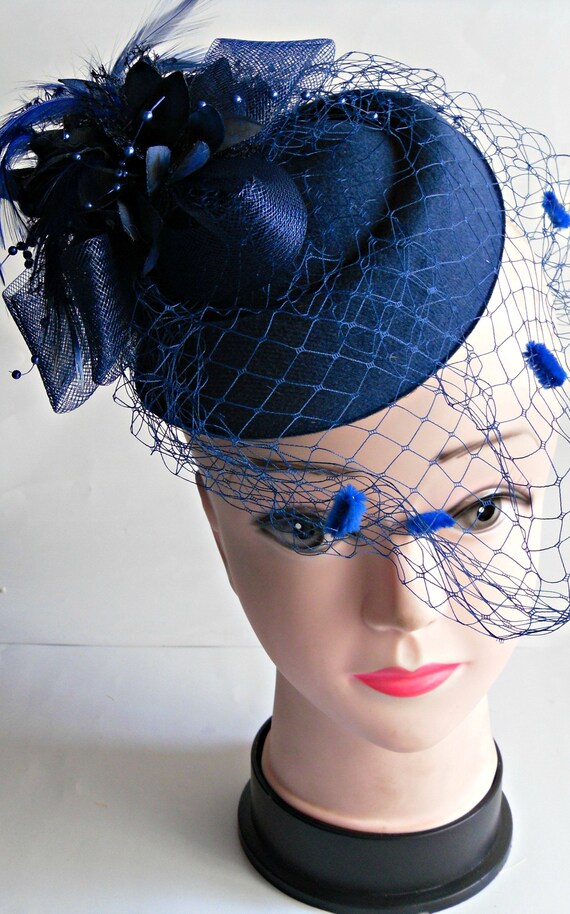 Navy blue fascinator fascinator with veil wedding Mothers Etsy