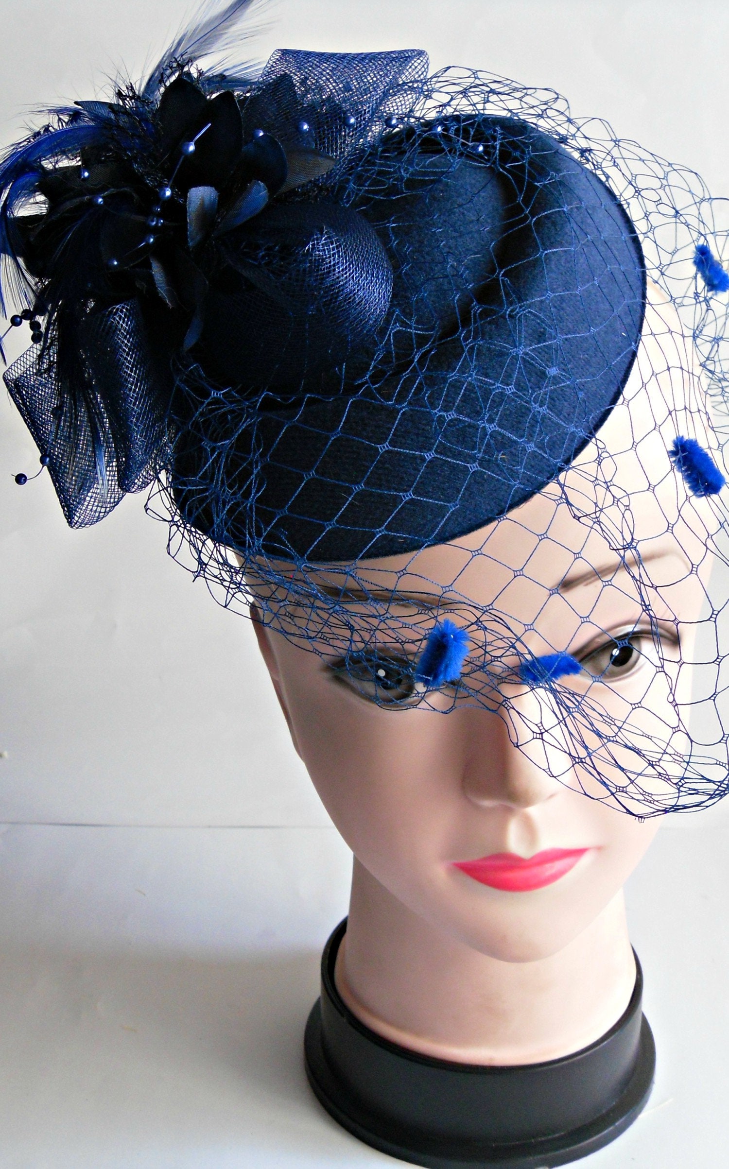 Navy blue fascinator fascinator with veil wedding Mothers Etsy
