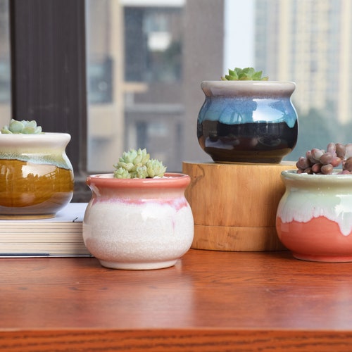 Set of 4 Succulent Planter Pots, Flowing Glaze Ceramic Plant Pots with Drainage, Small Unique Flower Pots gift, 3.3 inch with Grid Pad