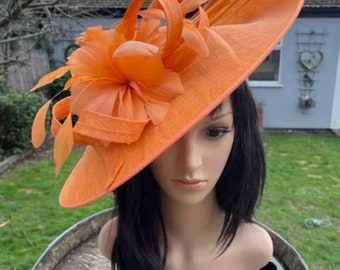 Tangerine orange wedding ascot hat hatinator formal occasion mother of the bride races feathers