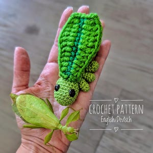 May include: A handmade green crochet insect with black eyes and a leaf-like body. The image also shows a real leaf insect. The text "CROCHET PATTERN English/Deutsch" is visible.