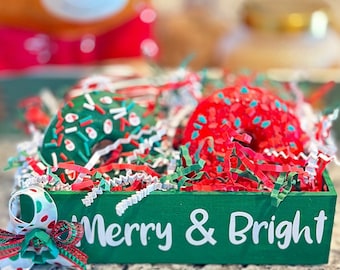 Fake Christmas donuts. Merry & Bright donut crate