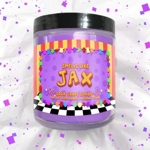 Vela JAX inspirada en el circo - 8 oz de cera de mezcla de soja vertida a mano - Regalo para fanáticos de los videojuegos