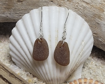 Brown sea glass earrings- Genuine sea glass jewelry- frosty sea glass earrings- Stirling silver Sea Glass earrings- nautical jewelry-