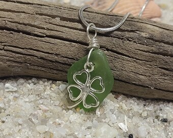 Four Leaf Clover necklace , sterling silver, St. Patrick's Day, green sea glass, eco friendly necklace, recycled, gift for her,