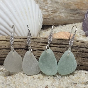 Sea Glass Earrings, sterling silver drop earrings, Dimond earrings, blue sea glass