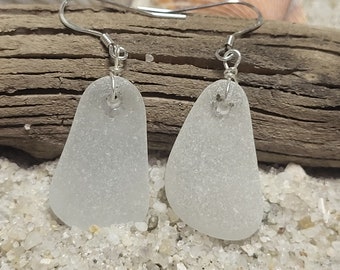 Frosty white sea glass earrings- Sea glass dangled earrings- Sterling silver beach earrings- Genuine sea glass jewelry- stone dangled