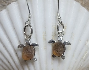 Sea Glass, Beach Glass Earrings,  eco friendly,  recycled jewelry,  sterling silver . Boho Earrings,  turtle earrings , dangle earrings