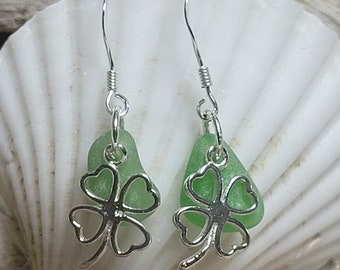 Clover earrings , Eco friendly earrings , recycled jewelry,  green sea glass earrings, sterling silver, gift for her, earrings for her ,