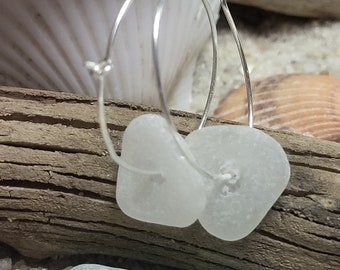 White sea glass earrings, sterling silver hoops, gift for her, eco friendly earrings, recycled jewelry,  white beach glass, for women