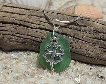 Clover necklace , sterling silver, St. Patrick's Day, green sea glass, eco friendly necklace, recycled, gift for her,