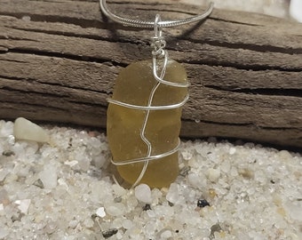 Wire wrapped sea glass, on a sterling silver chain, for women, eco friendly, sea glass pendant