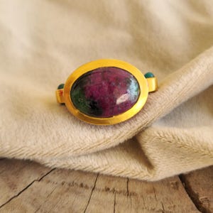Ruby Zoisite Ring, Gold Plated Brass Statement Ring, Handmade Gemstone Ring, Enamel Jewelry, Bold Jewelry, Adjustable Ring,  Gift For Her