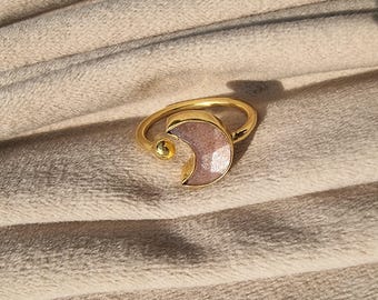 Gold Plated Brass Strawberry Quartz Moon Ring, Adjustable Ring, Celestial Boho Jewelry, Handmade Jewelry, Gemstone Ring, Gift For Her
