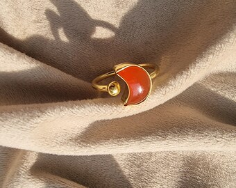Carnelian Moon Ring, Gold Plated Brass Adjustable Ring, Celestial Gemstone Jewelry, Boho Statement Ring, Dainty Ring, Gift For Women