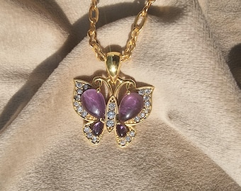 Amethyst Butterfly Pendant Necklace, Gold Plated Brass Pendant, Dainty Pendant Gemstone Jewelry, Handmade Butterfly Charm, Gift For Women