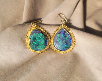 Gold Plated Opal Earrings, Teardrop Brass Drop Earrings, Brass Statement Jewelry, Dangle Opal Earrings, Handmade Jewelry Unique Gift for Her