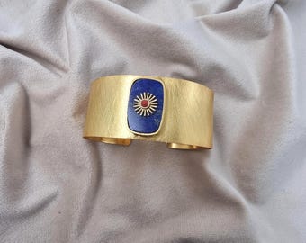 Brass Cuff Bangle with Lapis Lazuli Gemstone, Handmade Statement Bracelet, Healing Stone, Boho Jewelry, Adjustable Bangle, Jewelry Gift