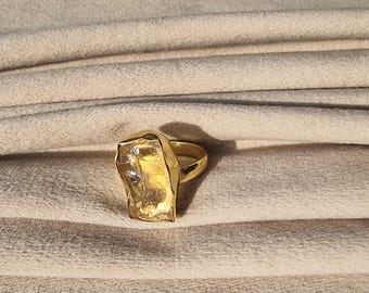 Gold Plated Citrine Ring, Unique Brass Gemstone Ring, Cocktail Ring, One Of Kind Statement Ring, November Birthstone Jewelry, Gift For Her