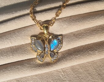 Gold Plated Labradorite Butterfly Pendant Necklace, Boho Crystal Jewelry, Handmade Jewelry, Bohemian Jewelry Statement Pendant Gift For Her
