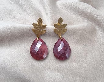 Ruby Corundum Earrings, Gold Plated Brass Dangle Earrings, Red Teardrop Gemstone Earrings, Statement Drop Jewelry, Gift For Women
