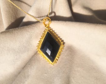 Gold Plated Black Onyx Brass Pendant, Boho Statement Pendant, Vintage Style Geometric Jewelry, December Birthstone, Elegant Gift For Her
