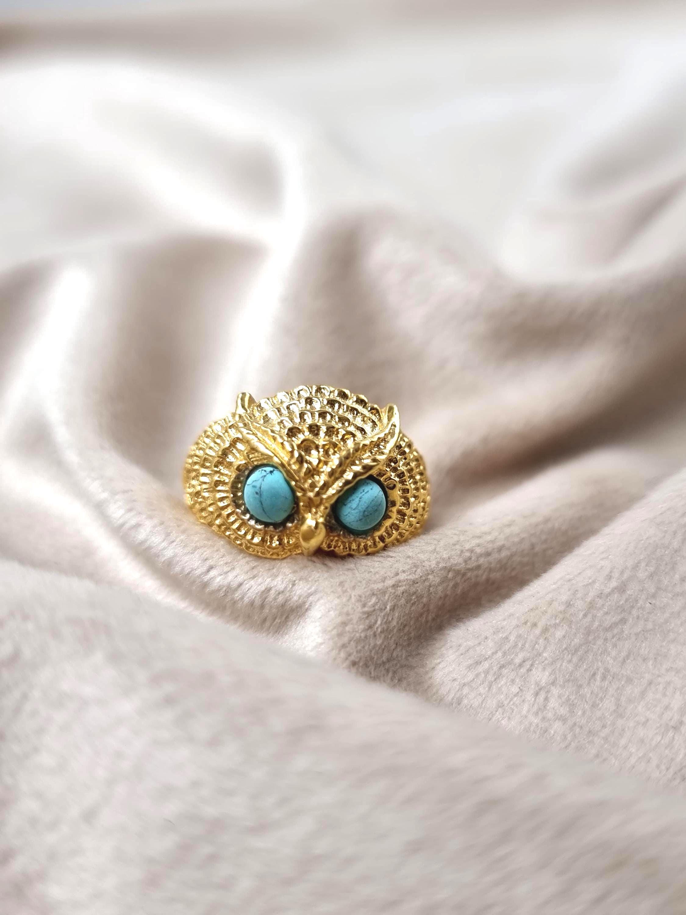 Turquoise Owl Brass Ring, Vintage Style Adjustable Owl Ring, Boho Animal Jewelry, Boho Fashion Jewel