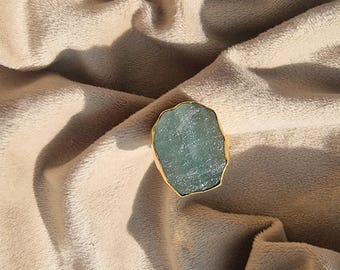 Aquamarine Brass Ring, Gold Plated Statement Ring, Unique Blue Gemstone Ring, Handmade Boho Jewelry, One of a Kind Ring, Gift For Women