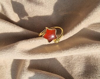 Red Carnelian Star Ring, Gold Plated Brass Dainty Ring, Adjustable Ring, Celestial Crystal Jewelry, Adjustable Minimalist Ring, Gift For Her