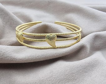 Gold Plated Brass Heart Bangle, Handmade Cuff Bracelet, Minimalist Jewelry, Adjustable Statement Bangle, Everyday Bracelet Gift For Women