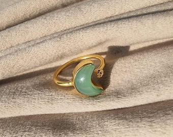 Gold Plated Brass Aqua Chalcedony Crescent Moon Ring, Statement Ring, Adjustable Celestial Ring, Gemstone Jewelry, Unique Gift For Her