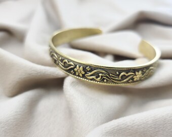 Gold Plated Brass Bangle Bracelet, Vintage Floral Engraved Cuff, Boho Ethnic Jewelry,  Handmade Jewelry, Statement Bangle For Women