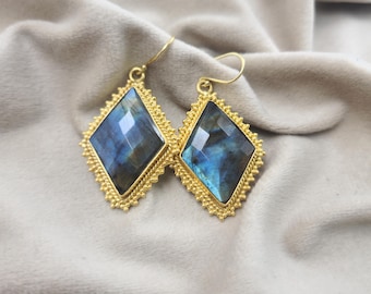 Gold Plated Labradorite Earrings, Blue Flash Gemstone Drop Earrings, Boho Brass Statement Earrings, Bohemian Dangle Earrings, Gift For Her