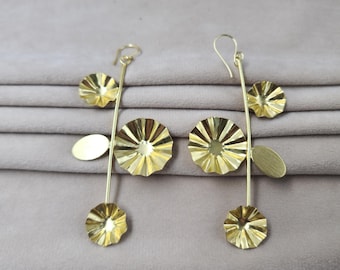 Gold Flower Dangle Earrings, Gold Plated Brass Floral Statement Earrings, Modern Botanical Earrings, Minimalist Handmade Gift For Her