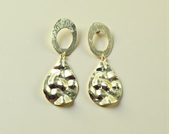 Gold Plated Brass Statement Earrings, Hammered Teardrop Earrings, Modern Minimalist Gold Drop Earrings, Abstract Handmade Jewelry, For Gift