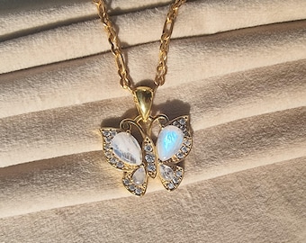 Gold Plated Rainbow Moonstone Brass Pendant, Butterfly Pendant, Healing Crystal Jewelry, Elegant Boho Jewelry, Bohemian Jewelry Gift For Her
