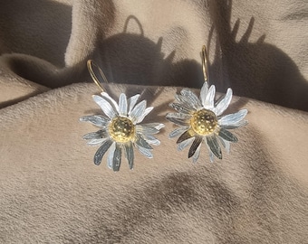 Gold Plated Daisy Flower Drop Earrings, Silver Plated Brass Earrings, Two Tone Floral Earrings, Boho Jewelry, Handmade Earrings Gift For Her