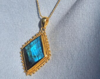 Blue Flash Labradorite Necklace, Gold Plated Brass Diamond Pendant, Statement Jewelry, Gemstone Jewelry, Handmade Boho Gift For Women