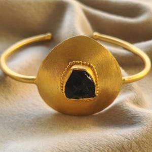 Stunning Black Tourmaline Bangle, Gold Plated Brass Bangle, Adjustable Gemstone Cuff Bracelet, Statement Bangle, Gift For Women