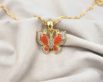 Carnelian Butterfly Pendant Necklace, Gold Plated Brass Gemstone Jewelry, Handmade Vintage Style Jewelry,Statement Pendant, Gift For Women