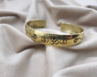 Gold Plated Brass Bangle, Om Symbol Brass Cuff, Handmade Spiritual Jewelry Unisex Boho Jewelry Yoga Jewelry Adjustable Bracelet Gift For Her