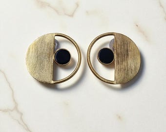 Brass Black Onyx Brass Earrings, Minimalist Geometric Statement Jewelry, Handmade Modern Jewelry, Statement Jewelry, Half Circle Studs