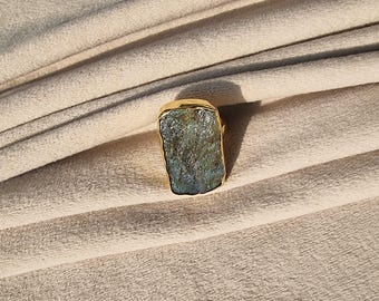 Gold Plated Raw Labradorite Brass Ring, Statement Ring, One Of Kind Flashy Gemstone Ring, Boho Crystal Jewelry, Handmade Ring, Gift For Her