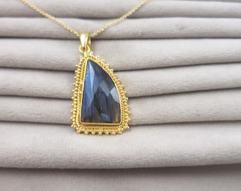 Blue Flash Labradorite Necklace, Gold Plated Brass Pendant, Boho Brass Statement Necklace Handmade Jewelry Bohemian Necklace Gift For Women