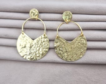 Gold Hammered Brass Geometric Earrings, Gold Plated Dangle Earrings, Modern Statement Earrings, Minimalist Handmade Jewelry, Gift For Her