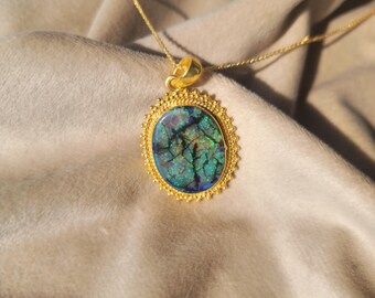 Blue Green Opal Pendant Necklace, Gold Plated Brass Oval Statement Necklace, Boho Opal Jewelry, October Birthstone Jewelry, Gift For Women