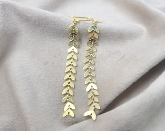 Long Leaf Dangle Earrings, Bohemian Earrings, Gold Plated Brass Earrings, Brass Dangle Earrings, Boho Jewelry Handmade Nature Style Earrings