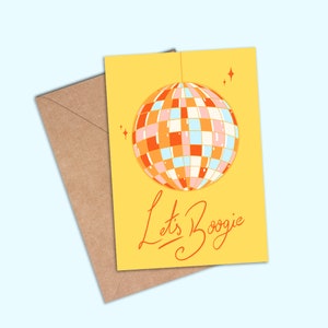 Let's Boogie Illustrated Disco Ball Card, Celebration, Birthday, Congratulations, Party Retro Greetings Cards