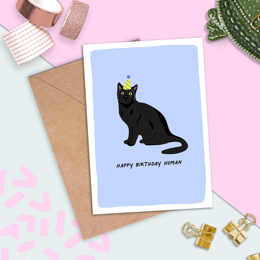 Happy Birthday Human Illustrated Cat Funny Birthday Card - Etsy