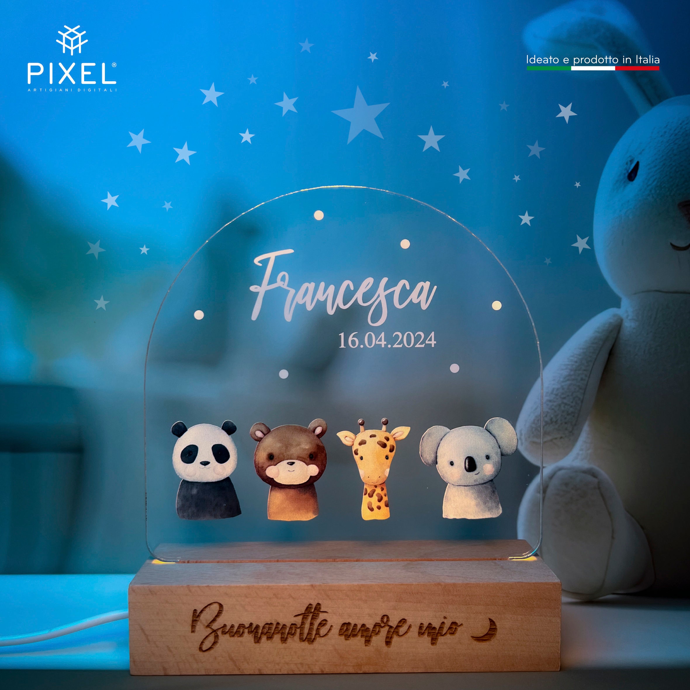 Veilleuse Personnalisée Avec Prénom - Lampe LED Douce En Bois, Cadeau De Naissance Ou Baptême
